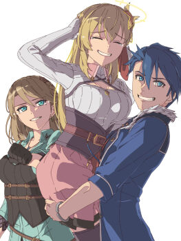 Rule 34 | 1boy, 2girls, agnes claudel, black gloves, blonde hair, blue coat, blue eyes, blue hair, bracelet, braid, braided bun, bun with braided base, carrying, carrying person, chiharu (9654784), closed eyes, coat, commentary request, crown braid, crying, crying with eyes open, double-parted bangs, earrings, eiyuu densetsu, elaine auclair, folded collar, fur trim, gloves, green eyes, grin, hair between eyes, hair bun, halo, highres, jewelry, kai no kiseki, kuro no kiseki (series), long sleeves, looking at viewer, multicolored hair, multiple girls, parted bangs, parted lips, pendant, pink skirt, ribbed sweater, simple background, single braid, single side bun, skirt, smile, sweater, swept bangs, tearing up, tears, upper body, van arkride, white background