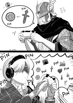 1boy 1girl armor ascot blindfold_mask breastplate brooch brother_and_sister closed_mouth controller covered_eyes covered_face duchess_(elden_ring) elden_ring elden_ring_nightreign euchery eye_mask gloves greyscale hands_up headphones helmet highres holding holding_controller jacket jewelry long_hair long_sleeves low_ponytail mask monochrome pauldrons ponytail scarf shoulder_armor siblings speech_bubble winged_helmet wylder_(elden_ring)