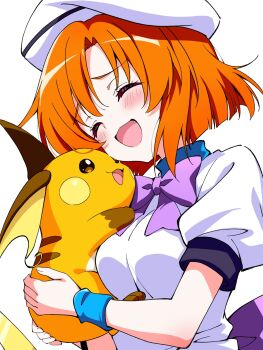 Rule 34 | 1girl, :d, ^ ^, back bow, blush, bow, bowtie, breasts, closed eyes, gen 1 pokemon, hat, highres, higurashi no naku koro ni, holding, holding pokemon, medium breasts, nintendo, niyane, open mouth, orange hair, parted bangs, pokemon, pokemon (creature), purple bow, purple bowtie, raichu, ryuuguu rena, shirt, short hair, short sleeves, simple background, smile, upper body, white background, white hat, white shirt