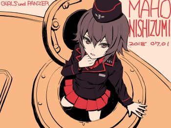 1girl black_hat black_jacket brown_eyes brown_hair commentary_request cross dated from_above garreg_mach_monastery_uniform girls_und_panzer happy_new_year hat highres inumoto iron_cross jacket kuromorimine_military_uniform long_sleeves looking_at_viewer military military_hat military_jacket military_uniform military_vehicle miniskirt motor_vehicle new_year nishizumi_maho on_tank open_clothes open_hatch pleated_skirt red_shirt shirt simple_background skirt solo tank throat_microphone tiger_i yellow_background