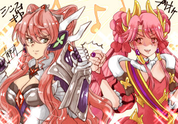 2girls breasts cleavage clenched_hand closed_mouth commentary_request curtained_hair dress eighth_note fist_bump gloves green_eyes grin hair_between_eyes hair_ornament hair_wings headset horns large_breasts maria_cadenzavna_eve morishita_hekina multiple_girls musical_note parted_bangs parted_lips pink_hair princess_zeal princession_orchestra sash senki_zesshou_symphogear shoulder_sash sidelocks simple_background small_breasts smile translation_request twintails upper_body