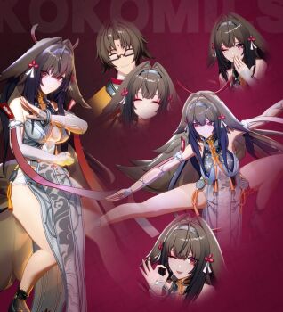 1boy 1girl 3d absurdres animal_ear_fluff animal_ears artist_name bare_legs bare_shoulders breasts brown_hair china_dress chinese_clothes cleavage closed_eyes clover clover_hair_ornament dress exercising eyeshadow flexible floppy_ears glasses hair_between_eyes hair_ornament hairband hand_on_own_face highres honkai_(series) kokomils large_breasts leg_tattoo legs long_hair looking_at_viewer makeup mark_under_both_eyes mihoyo ok_sign one_eye_closed red_eyes red_eyeshadow siblings simple_background sleeveless smile solo sparkle_(honkai:_star_rail) stretching tail tattoo very_long_hair white_dress ye_shiyuan ye_shunguang zenless_zone_zero