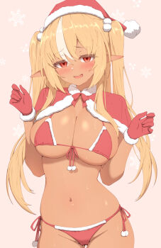 1girl bikini blonde_hair blush breasts capelet cleavage commentary_request cowboy_shot dark-skinned_female dark_skin elf front-tie_bikini_top front-tie_top fur-trimmed_bikini fur-trimmed_capelet fur-trimmed_gloves fur-trimmed_headwear fur_trim gloves gluteal_fold hair_ornament hands_up hat highres hololive large_breasts long_hair long_sidelocks looking_at_viewer multicolored_hair navel open_mouth pointy_ears pom_pom_(clothes) pom_pom_hair_ornament red_capelet red_gloves red_hat santa_hat sen_(senkuden) shiranui_flare side-tie_bikini_bottom sidelocks snowflakes solo stomach streaked_hair swimsuit two_side_up virtual_youtuber white_streaks