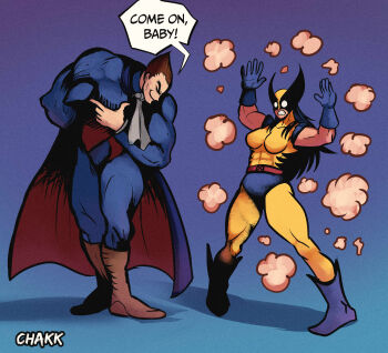 Rule 34 | 1boy, 1girl, absurdres, belt, bodysuit, brown hair, capcom, chakkrx, crossover, darkstalkers, demitri maximoff, english text, gameplay mechanics, genderswap, genderswap (mtf), gloves, highres, long hair, marvel, marvel vs. capcom, marvel vs. capcom 2, mask, midnight bliss, muscular, muscular male, short hair, smile, superhero costume, teeth, wolverine (x-men), x-men