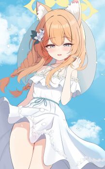 1girl :d alternate_costume animal_ear_fluff animal_ears arm_at_side blue_archive blue_eyes blue_sky blush braid cat_ears cat_girl clothes_lift cloud cowboy_shot day double-parted_bangs dress dress_flower dress_lift eyelashes falling_petals floating_hair flower frilled_dress frills hair_between_eyes hair_flower hair_ornament halo hand_up highres leaf_hair_ornament loli long_hair looking_at_viewer mari_(blue_archive) nuuuukoame off-shoulder_dress off_shoulder open_mouth orange_hair outdoors petals sidelocks sky sleeveless sleeveless_dress smile solo sundress thighs tsurime twin_braids upskirt white_dress white_flower wind wind_lift yellow_halo