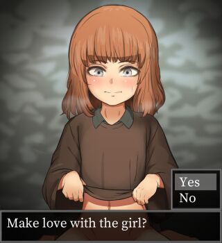 1girl 4066 belly blush bottomless brown_hair brown_robe closed_mouth clothes_lift come_hither commentary cowboy_shot english_commentary english_text fear_&amp;_hunger female_focus girl_on_top grey_eyes heavy_breathing highres imminent_penetration lifting_own_clothes loli looking_at_viewer medium_hair navel robe simple_background smile solo sweatdrop the_girl_(fear_&amp;_hunger)