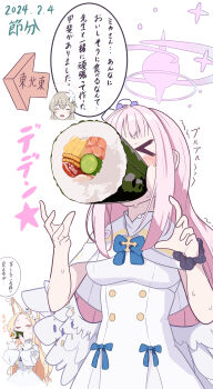 >_< 2024 3girls absurdres angel_wings animal_ears arrow_(symbol) blonde_hair blue_archive blue_bow blue_bowtie blush_stickers bow bowtie buttons capelet commentary_request dated double-breasted dress dress_bow eating ehoumaki feeding flower food force-feeding fox_ears fox_girl hair_flower hair_ornament halo hands_up highres la_la_la_rarmin long_hair low_wings makizushi mika_(blue_archive) multiple_girls nagisa_(blue_archive) one_eye_closed pink_hair pink_halo school_uniform scrunchie seia_(blue_archive) serafuku simple_background solo_focus sound_effects speech_bubble star_(symbol) sushi sweatdrop tea_party_(blue_archive) translation_request trembling very_long_hair white_background white_capelet white_dress white_flower white_wings wings wrist_scrunchie