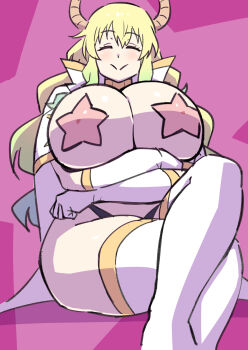 1girl blonde_hair breasts closed_eyes crossed_arms female_focus gloves horns huge_breasts kobayashi-san_chi_no_maidragon lucoa_(maidragon) pasties pink_background smile solo star_(symbol) star_pasties tetrodotoxin thick_thighs thighhighs thighs white_gloves white_thighhighs wide_hips