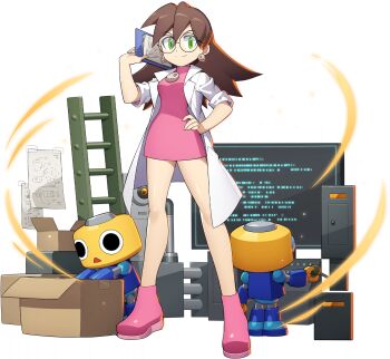 1girl ankle_boots boots box breasts brown_hair clipboard closed_mouth computer dress earrings full_body glasses green_eyes hand_on_own_hip hand_up highres holding jewelry lab_coat long_hair looking_at_viewer medium_breasts mega_man_(series) mega_man_legends_(series) mega_man_x_(series) mega_man_x_dive mizuno_keisuke monitor official_art pink_boots pink_dress robot screen servbot_(mega_man) shiny_skin short_dress sleeves_rolled_up smile transparent_background tron_bonne_(mega_man)