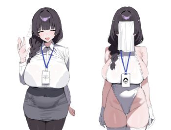 1girl :d ^_^ absurdres black_hair blue_archive blunt_bangs braid braided_ponytail breasts closed_eyes female_sensei_(blue_archive) female_sensei_(blue_archive)_(xipa) gloves grey_skirt highleg highleg_leotard highres id_card lanyard large_breasts leotard menpu multiple_views open_mouth sensei_(blue_archive) shirt simple_background skirt smile thighhighs veil white_background white_gloves white_leotard white_shirt white_thighhighs xipa