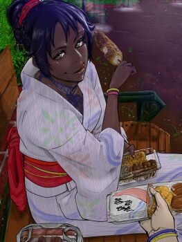 Rule 34 | bench, bleach, breasts, corn, dark-skinned female, dark skin, festival, food, highres, japanese clothes, jewelry, kimono, large breasts, necklace, night, on bench, ponytail, pov, pov hands, purple hair, shihouin yoruichi, sitting, summer festival, tata (pixiv57531723), toned, toned female, wooden bench, yellow eyes, yukata