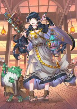 1boy 1girl beard black_hair book breasts brown_sandals commentary_request dress facial_hair glasses green_eyes hanging_lantern holding holding_test_tube indoors low_twintails medium_breasts nagi_itsuki open_mouth original pince-nez round_eyewear sandals smile teeth test_tube tongue twintails upper_teeth_only white_dress