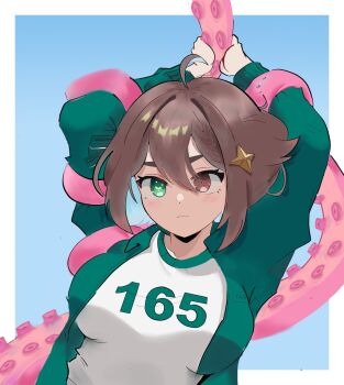 1girl ahoge arms_up blush braid breasts brown_eyes brown_hair green_eyes green_jacket hair_between_eyes hair_ornament heterochromia indie_virtual_youtuber jacket large_breasts marko_doodles medium_hair meica_(vtuber) shirt solo squid_game tentacles unusual_pupils virtual_youtuber white_shirt