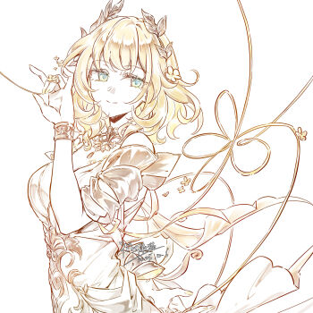 Rule 34 | 1girl, absurdres, aglaea (honkai: star rail), blonde hair, breast tattoo, breasts, cleavage, closed mouth, commentary request, dated, dress, green eyes, hair ornament, hand up, highres, honkai: star rail, honkai (series), large breasts, looking at viewer, medium hair, signature, simple background, smile, solo, tattoo, thread, upper body, white background, white dress, yizhixiaopomao