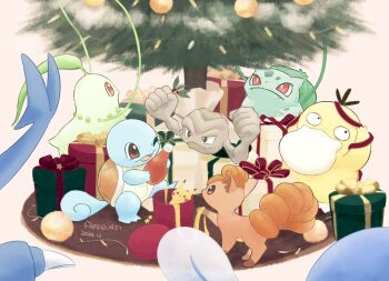 Rule 34 | black eyes, brown eyes, bulbasaur, chikorita, christmas, christmas ornaments, christmas tree, dated, fireblast, gen 1 pokemon, gen 2 pokemon, geodude, gift, heracross, highres, holding, ketchup bottle, nintendo, no humans, pikachu, pokemon, pokemon (creature), poliwag, psyduck, red eyes, ribbon, smile, squirtle, vulpix