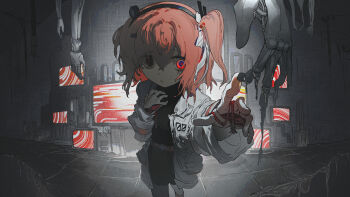 1girl a.i._voice absurdres adachi_rei android belt black_eyes black_pantyhose black_shirt cable commentary_request gloves grey_skirt hair_between_eyes hair_ribbon hand_up heterochromia highres jacket lankilanki leaning_forward long_sleeves looking_at_object open_clothes open_jacket orange_belt orange_hair pantyhose red_eyes ribbon screen shirt side_ponytail skirt solo tile_floor tiles utau white_gloves white_ribbon