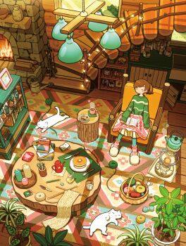 1girl absurdly_detailed_composition absurdres animal armchair basket blanket blush_stickers book book_stack bowl brown_hair candle cat chair checkerboard_cookie closed_eyes closed_mouth coaster coffee_grinder coffee_pot coffee_table commentary_request cookie cup cupboard dot_nose drinking_glass eraser fire fireplace fireplace_shovel fireplace_tool_stand firewood flower_pot food fork from_above green_leggings green_sweater heater highres honey honey_dipper hot_drink indoors jar kettle knife knitting_needle leggings loaded_interior log long_sleeves mug needle notebook notepad open_book original pancake pancake_stack pen pencil picture_frame pink_socks placemat plant plate ponytail potted_plant railing round_table rug scissors shelf short_hair sitting skirt sleeping sleeves_past_wrists slice_of_life slippers smile socks solo sploot steam string_of_light_bulbs sweater table tao_(tao15102) thumbprint_cookie tray vase watering_can white_cat white_skirt wide_shot window wooden_floor wooden_stairs yarn yarn_ball