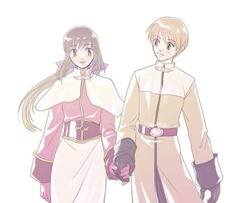 Rule 34 | 1boy, 1girl, acolyte (ragnarok online), black gloves, blonde hair, blush, bow, brown coat, brown eyes, brown hair, capelet, cassock, closed mouth, coat, commentary request, cowboy shot, gloves, hair bow, holding hands, long hair, long sleeves, looking at another, looking to the side, oomojiya, pink gloves, pink shirt, ponytail, purple bow, ragnarok online, shirt, short hair, simple background, skirt, smile, white background, white capelet, white skirt