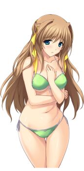 1girl bikini blue_eyes blush breasts brown_hair choukou_(alicesoft) choukou_tenshi_escalayer cowboy_shot front-tie_top game_cg green_bikini hair_ribbon kouenji_sayuka large_breasts large_variant_set long_hair looking_at_viewer navel no_eyewear non-web_source official_art onigirikun parted_lips ribbon side-tie_bikini_bottom solo swimsuit thigh_gap transparent_background underboob variant_set