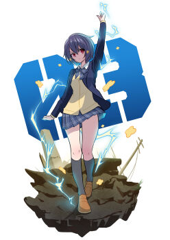 1girl black_hair black_jacket black_socks collared_shirt electricity flower hair_flower hair_ornament highres jacket kneehighs long_sleeves mizuno_ai muramasa_kz open_clothes open_jacket plaid_clothes plaid_skirt pleated_skirt pointing pointing_up shirt short_hair simple_background skirt socks vest white_background white_shirt yellow_vest zombie_land_saga