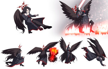 1girl absurdres attack black_footwear black_hair black_serafuku black_shirt black_skirt black_thighhighs black_wings blue_archive breasts commentary_request dive easel_(djeasel) explosion eye_beam feathered_wings fighting_game halo hasumi_(blue_archive) high_heels highres jumping kicking korean_commentary large_breasts light_particles long_hair long_skirt long_sleeves motion_blur multiple_views neckerchief parody pleated_skirt red_eyes red_neckerchief school_uniform serafuku shirt side_slit simple_background skirt sprite_sheet squatting tekken tekken_8 thighhighs uppercut v-shaped_eyebrows very_long_hair white_background wings