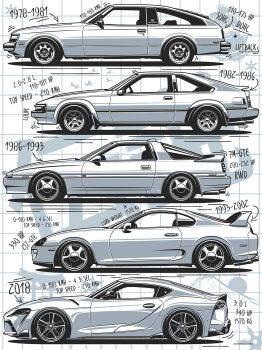 car evolution from_side greyscale highres markaryan monochrome motor_vehicle mount_fuji no_humans original spoiler_(automobile) sports_car torii toyota toyota_supra toyota_supra_mk_i toyota_supra_mk_ii toyota_supra_mk_iii toyota_supra_mk_iv toyota_supra_mk_v vehicle_focus