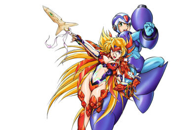 1boy 1girl armor blonde_hair breasts capcom cleavage green_eyes long_hair marty_(mega_man) medium_breasts mega_man_(series) mega_man_x_(manga) mega_man_x_(series) open_mouth polearm purple_eyes simple_background spear teeth upper_teeth_only very_long_hair weapon white_background x_(mega_man)