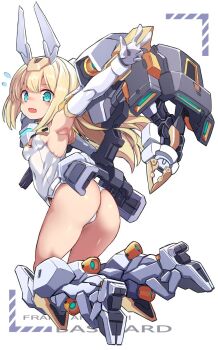 1girl armpits ass baselard blonde_hair blue_eyes breasts character_name commentary_request covered_navel elbow_gloves flying_sweatdrops frame_arms_girl full_body gloves headgear highres karukan_(monjya) leotard long_hair looking_at_viewer mecha_musume mechanical_legs open_mouth outstretched_arm small_breasts solo strapless strapless_leotard w white_gloves white_leotard white_wrist_cuffs wrist_cuffs