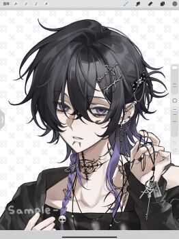 Rule 34 | 1boy, absurdres, art program in frame, black jacket, black shirt, braid, chinese commentary, collarbone, commentary request, cross, cross earrings, earclip, earrings, face piercing, grey eyes, hair between eyes, hair ornament, hairclip, hand up, highres, holding, holding jewelry, holding necklace, jacket, jewelry, lip piercing, male focus, medium hair, mexico fanqie, mole, mole under eye, necklace, original, parted lips, piercing, portrait, procreate (medium), safety pin, sample watermark, shirt, solo, watermark