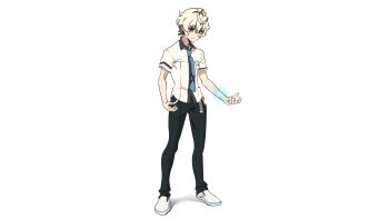 1boy agata_katsuhira arms_up black_pants blue_necktie emiladylbekuulu grey_eyes highres kiznaiver necktie non-web_source pants scar scar_on_arm school_uniform shirt shoes studio_trigger trigger_(company) white_shirt