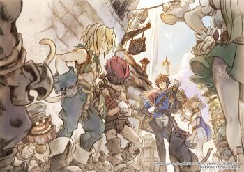 Rule 34 | 2girls, 6+boys, aldo (another eden), another eden, bare shoulders, black cat, blank (ff9), blonde hair, blue cape, blue pants, blue shirt, blue vest, blue wrist cuffs, boots, brother and sister, brown gloves, brown hair, cape, cat, cat tail, cinna (ff9), clothesline, commentary, cropped vest, crossed arms, crossover, dress, english commentary, feinne (another eden), final fantasy, final fantasy ix, flower, fur wrist cuffs, gloves, grey boots, grey gloves, grey hair, hair flower, hair ornament, hair ribbon, hands on own hips, headband over eyes, holding another's arm, itahana toshiyuki, laundry, low ponytail, marcus (ff9), multiple boys, multiple girls, official art, pants, parted lips, pointy ears, ponytail, red hair, ribbon, ruby (ff9), shirt, siblings, smile, square enix, tail, thighhighs, vest, white dress, white gloves, white pants, white shirt, white thighhighs, wright flyer, wrist cuffs, zidane tribal