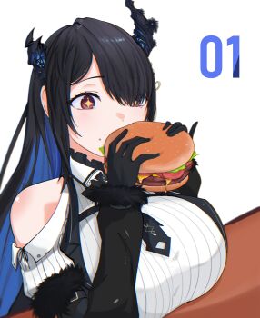 +_+ 1girl absurdres asymmetrical_horns black_hair blue_hair breast_rest breasts breasts_on_table burger cheese clothing_cutout colored_inner_hair crystal_horns demon_horns eating elbow_rest elbows_on_table flower food gloves hair_ornament highres holding holding_burger holding_food hololive hololive_english horn_flower horns huge_breasts ketchup large_breasts lettuce long_hair looking_at_viewer meat mole mole_under_eye multicolored_hair nerissa_ravencroft nerissa_ravencroft_(1st_costume) p_protocoll red_eyes ribbed_shirt sesame_seeds shirt shoulder_cutout simple_background solo table tassel tassel_hair_ornament tomato tomato_slice two-tone_hair uneven_horns very_long_hair virtual_youtuber white_background