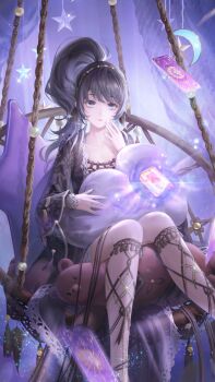 1girl absurdres artist_request asymmetrical_skirt barefoot_sandals_(jewelry) beads black_hair black_jacket black_skirt blue_eyes breasts card cleavage cloud collarbone crescent curtains dot_nose dreamscape_starlight_(shining_nikki) earrings eyelashes feather_earrings feathers feet_out_of_frame floating_card game_cg glowing hair_beads hair_ornament hairband hammock hand_on_own_cheek hand_on_own_face high_side_ponytail highres holding holding_pillow indoors jacket jewelry lace lace-trimmed_jacket lace-trimmed_skirt lace_jacket lace_trim light_blush light_frown light_particles lipstick long_hair long_skirt long_sleeves looking_at_object makeup nikki_(series) official_alternate_color official_art on_hammock open_clothes open_jacket parted_lips pillow pink_lips pleated_skirt priestess_tess_(shining_nikki) rope see-through_clothes see-through_jacket shining_nikki sitting skirt solo sparkle star-shaped_pillow star_(symbol) stuffed_animal stuffed_toy surprised tarot tarot_card tassel teddy_bear wide_sleeves wrist_cuffs yellow_wrist_cuffs