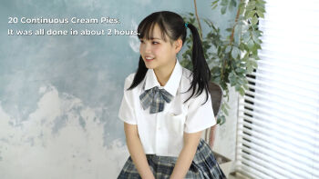 1boy 1girl asian blue_background blush bow chair close-up collared_shirt denim embarrassed english_text feet_out_of_frame from_side green_shirt grey_bow group_sex highres implied_sex interview japanese_(nationality) jav kudou_rara looking_at_another plant real_life school_uniform shirt short_hair short_sleeves sitting subtitled tagme twintails white_background white_shirt