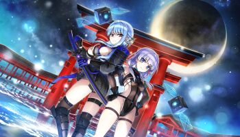 2girls black_leotard blue_eyes blue_hair blunt_bangs breasts cleavage closed_mouth crescent_moon dolphin_wave elbow_gloves game_cg gloves hair_ornament hair_over_shoulder hands_on_own_hips highleg highres hime_cut holding holding_sword holding_weapon large_breasts leotard long_hair looking_at_another looking_at_viewer low_twintails moon multiple_girls nayuki_hiori night night_sky non-web_source ocean official_alternate_costume official_alternate_hairstyle official_art ootomo_takuji purple_hair red_eyes schnee_weissberg shoes sideboob sky small_breasts smile sparkle sword thigh_strap thighhighs torii twintails uwabaki weapon