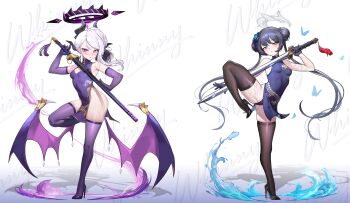 2girls alternate_costume bare_shoulders black_hair black_panties black_shoes black_thighhighs blue_archive blue_dress blue_eyes blush breasts butterfly_hair_ornament china_dress chinese_clothes cleavage_cutout clothing_cutout covered_navel double_bun dress elbow_gloves full_body gloves gradient_background hair_bun hair_ornament halo high_heels highres hina_(blue_archive) holding holding_sword holding_weapon horns kisaki_(blue_archive) kkkweenie long_hair looking_at_viewer low_wings multiple_girls no_panties nose_blush panties parted_lips pelvic_curtain pink_eyes purple_dress purple_gloves purple_thighhighs purple_wings shoes sleeveless sleeveless_dress small_breasts standing standing_on_one_leg sweat swept_bangs sword tassel thighhighs tsurime twintails underwear upskirt v-shaped_eyebrows very_long_hair water weapon white_background white_hair wings