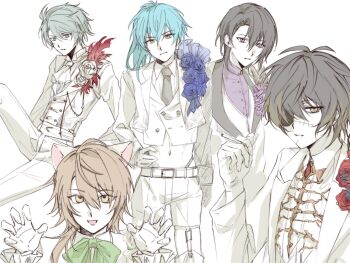 5boys akane047 akira_(togainu_no_chi) animal_ears aqua_hair ascot black_hair blue_eyes blue_flower blue_hair blue_rose bow brown_eyes brown_hair cat_boy cat_ears cigarette crop_top dramatical_murder eyepatch feathers flower formal_clothes garter_straps highres konoe_(lamento) lamento long_hair long_sleeves looking_at_viewer male_focus multiple_boys multiple_scars necktie nitro+_chiral official_alternate_hairstyle open_mouth panties purple_eyes red_flower red_rose rose sakiyama_youji scar seragaki_aoba shirt short_hair simple_background slow_damage smile string_panties suit sweet_pool togainu_no_chi towa_(slow_damage) underwear vest white_background yellow_eyes