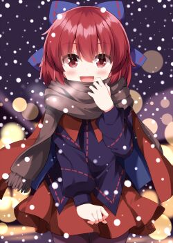 1girl :d blush bow brown_scarf commentary_request completion_time cowboy_shot hair_between_eyes hair_bow hand_up highres long_sleeves looking_at_viewer night open_mouth outdoors pantyhose pleated_skirt purple_bow purple_shirt red_eyes red_hair red_skirt ruu_(tksymkw) scarf sekibanki shirt short_hair skirt smile snowing solo touhou winter