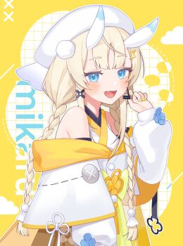 1girl :d absurdres bare_shoulders blonde_hair blue_eyes blue_horns blush braid breasts coat coat_partially_removed fangs flower_knot from_side hair_ornament hair_over_shoulder hand_up hat headset highres horns japanese_clothes kadou_mikaru kimono large_breasts layered_sleeves lightning_bolt lightning_bolt_hair_ornament lightning_bolt_symbol long_sleeves looking_at_viewer low_twin_braids multicolored_horns my_mai_rice nail_polish nijisanji open_mouth pom_pom_(clothes) pom_pom_hair_ornament puffy_long_sleeves puffy_sleeves ribbon short_over_long_sleeves short_sleeves sidelocks smile solo teruterubouzu twin_braids two-tone_horns upper_body virtual_youtuber white_coat white_hat white_horns white_kimono x_hair_ornament yellow_background yellow_nails yellow_ribbon yellow_trim