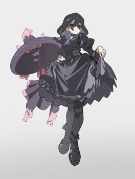 1girl @_@ bags_under_eyes black_dress black_hair breasts colored_sclera daniel_deng dress earrings full_body gen_4_pokemon hair_between_eyes hat hex_maniac_(pokemon) hex_maniac_(pokemon_legends:_z-a) highres jewelry long_hair long_sleeves looking_at_viewer mismagius nintendo pokemon pokemon_(creature) pokemon_legends:_z-a purple_eyes red_eyes simple_background white_background yellow_sclera