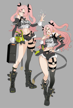 1girl amillion_(zenless_zone_zero) bangboo_(zenless_zone_zero) bare_shoulders black_boots black_ribbon black_shorts boots breasts clothing_cutout commentary_request crop_top cutoffs earrings full_body grey_background hair_ornament hair_ribbon hairclip hand_on_own_hip heart heart_earrings heart_necklace highres holding holding_suitcase jewelry large_breasts long_hair looking_at_viewer looking_to_the_side micro_shorts midriff mole mole_on_breast mole_on_thigh mole_under_eye multicolored_nails multiple_views navel necklace nicole_demara niihatigounana open_mouth pink_hair ribbon shorts shoulder_cutout single_thighhigh solo sparkle strapless stuffed_toy suitcase thighhighs torn_clothes torn_thighhighs tube_top twintails two_side_up white_tube_top zenless_zone_zero