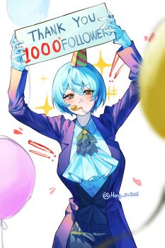 1girl absurdres angela_(project_moon) arms_up balloon black_skirt black_vest blue_coat breasts coat collared_shirt commentary english_commentary gloves hat highres hong_sa lapels large_breasts library_of_ruina long_sleeves milestone_celebration notched_lapels party_hat project_moon shirt simple_background skirt solo sparkle vest white_background white_gloves white_hair wing_collar