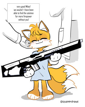 ^_^ alternate_universe animal_ears animal_nose bad_tag barefoot closed_eyes coat commentary english_commentary fox_boy fox_ears fox_tail furry furry_male gloves gun happy highres holding holding_gun holding_weapon hospital_gown lab_coat male_focus multiple_tails quaverdraws rifle scientist smile solo_focus sonic_(series) tail tails_(sonic) twitter_username two_tails weapon white_coat white_gloves yellow_fur