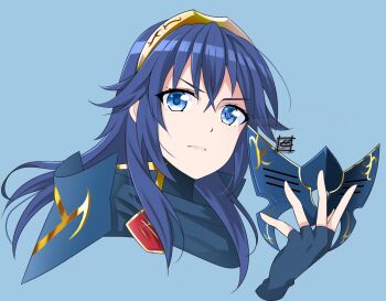 1girl blue_background blue_eyes blue_gloves blue_hair brand_of_the_exalt closed_mouth cropped_torso fingerless_gloves fire_emblem fire_emblem_awakening gloves hair_between_eyes highres holding holding_mask long_sleeves looking_at_viewer lucina_(fire_emblem) mask nintendo solo symbol_in_eye tiara unworn_mask upper_body zero-theme