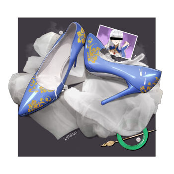 1girl artist_name bar_censor blue_footwear censored censored_identity cum cum_on_clothes grey_hair high_heels highres holding holding_photo jewelry long_hair photo_(object) ring shoes smell solo steaming_body stiletto_heels unworn_shoes used_tissue white_hair xnnagu