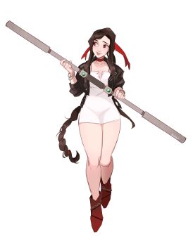 1girl absurdres adapted_costume aerith_gainsborough aerith_gainsborough_(cosplay) alternate_costume artist_name bangle black_hair black_jacket boots bracelet braid braided_ponytail breasts brown_boots cleavage cosplay cropped_jacket dress final_fantasy final_fantasy_vii floating full_body hair_ribbon highres holding holding_staff jacket jewelry materia medium_breasts red_eyes red_ribbon ribbon short_dress sidelocks single_braid skirtzzz solo staff swept_bangs tifa_lockhart white_background white_dress