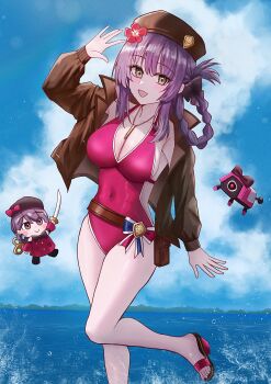 Rule 34 | 1girl, aazz226652, absurdres, beret, blue sky, breasts, brown coat, brown hat, cleavage, coat, commentary request, doll, girls' frontline, girls' frontline 2: exilium, hat, highres, lewis (girls' frontline), lewis (girls' frontline 2), long hair, ocean, one-piece swimsuit, open mouth, pop-up pirate, purple hair, red one-piece swimsuit, ribbon around body, simple background, sky, swimsuit, yellow eyes
