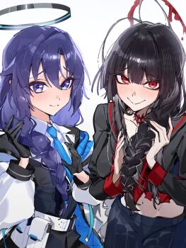 Rule 34 | 2girls, absurdres, alternate hairstyle, antenna hair, black gloves, black hair, blood, blood halo, blue archive, blue eyes, blue hair, blush, commentary request, gloves, hair intakes, halo, highres, liquid halo, loft stein, long hair, long sleeves, looking at viewer, magazine (weapon), mechanical halo, midriff, multiple girls, necktie, pleated skirt, red eyes, red pupils, simple background, skirt, smile, tsurugi (blue archive), wavy mouth, white background, yuuka (blue archive)