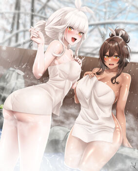 2girls absurdres animal_ears ass blanc_(nikke) blush breasts brown_hair cleavage commentary dark-skinned_female dark_skin english_commentary fake_animal_ears goddess_of_victory:_nikke highres holding holding_towel large_breasts medium_breasts multiple_girls naked_towel noir_(nikke) onsen rabbit_ears ramiki_(ramesgoag) short_hair smile snowing towel white_hair yellow_eyes