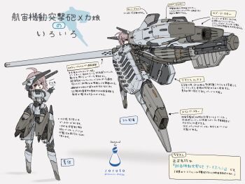 1girl ahoge armor artist_name brown_hair cannon commentary_request flat_color full_body grey_background hair_ornament hairclip headgear highres joints looking_at_viewer looking_back mecha_musume original red_eyes robot_joints science_fiction short_hair solo soruto_0w98e standing thrusters translation_request